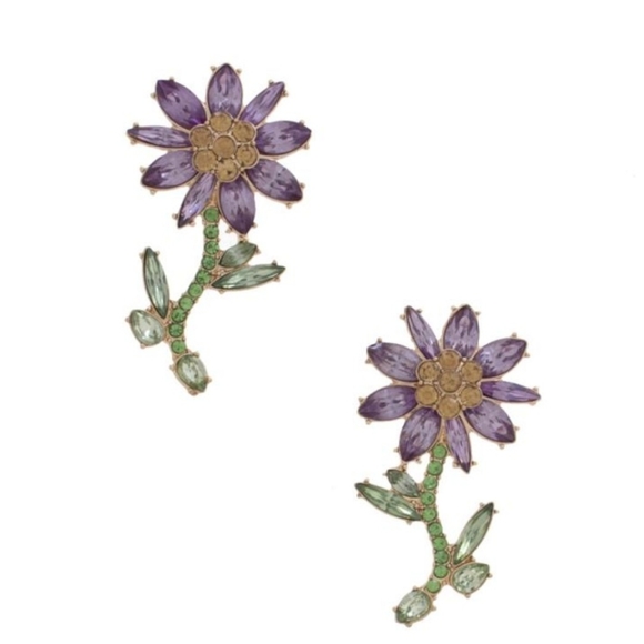 Pink and purple rhinestone flowers, stem, leaves Goldtone pierced dazzling NWT - Picture 6 of 8